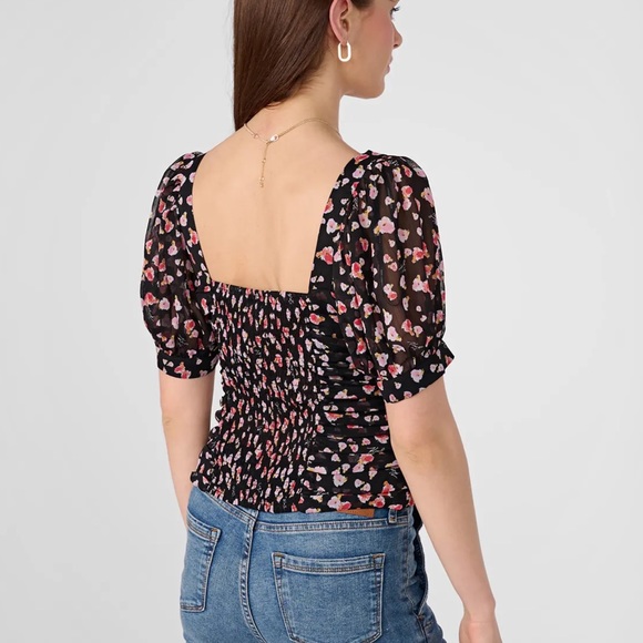 Karl Lagerfeld Smocked Crop Top Flower Print in Black Combo - Picture 2 of 13